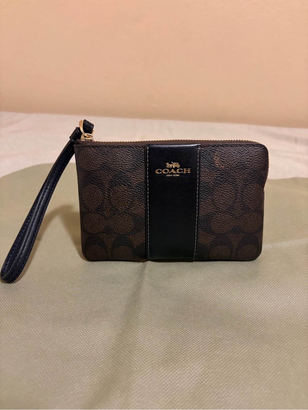 Coach Brown Signature Wristlet with Black Center Panel